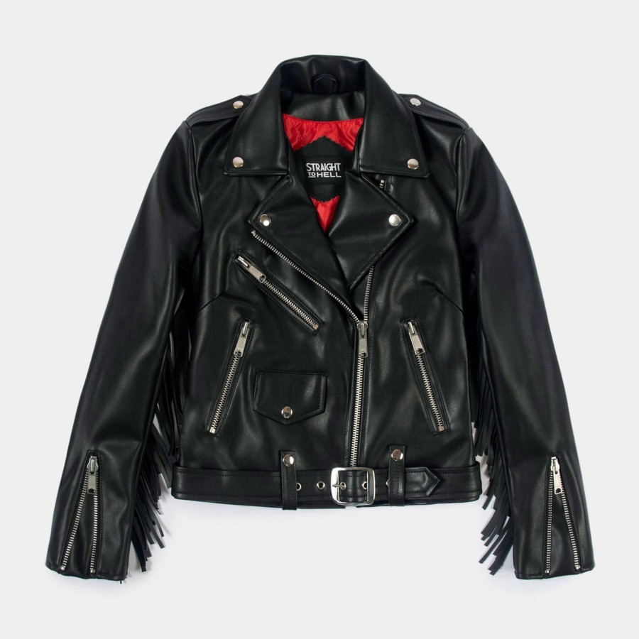 Women Straight To Hell Apparel Vegan Leather Jackets | Vegan Commando Fringe - Faux Leather Jacket With Fringe