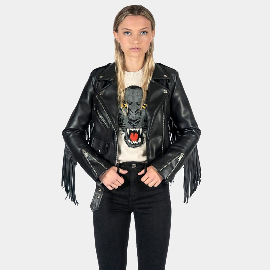 Women Straight To Hell Apparel Vegan Leather Jackets | Vegan Commando Fringe - Faux Leather Jacket With Fringe