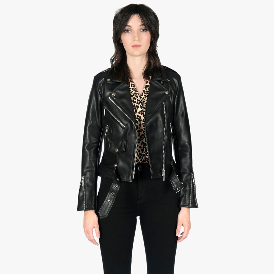 Women Straight To Hell Apparel Vegan Leather Jackets | Vegan Commando - Black And Nickel Faux Leather Jacket