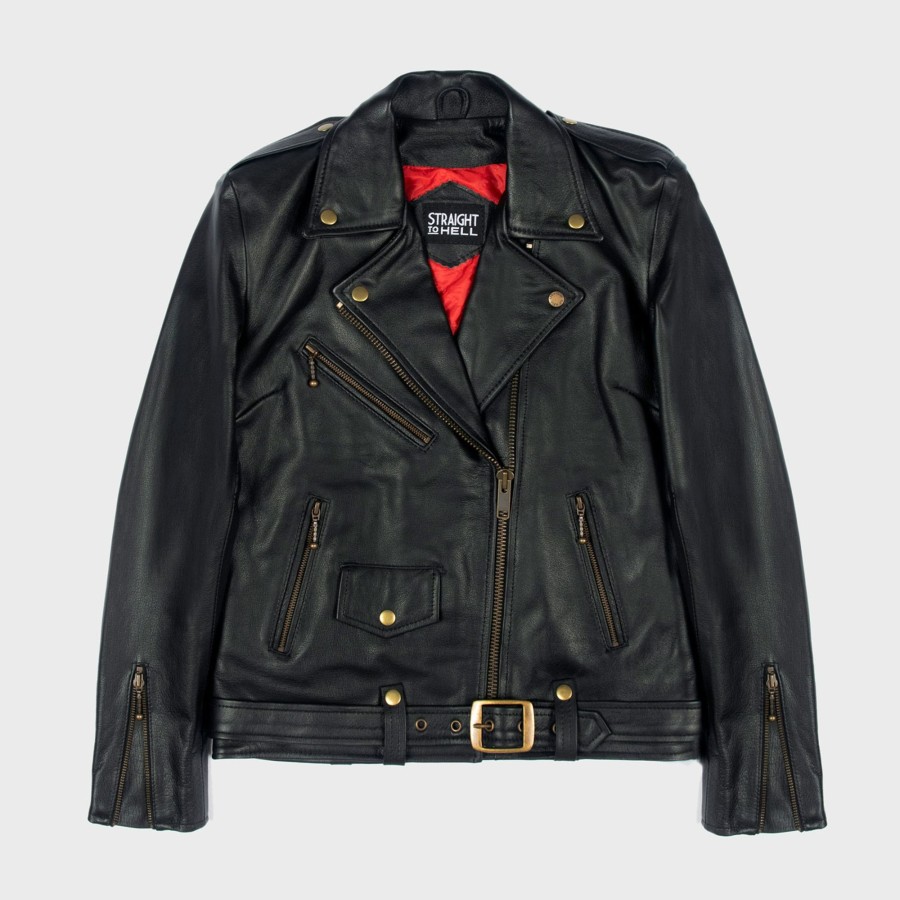 Women Straight To Hell Apparel Leather Jackets | Commando Oversized - Black And Brass Leather Jacket