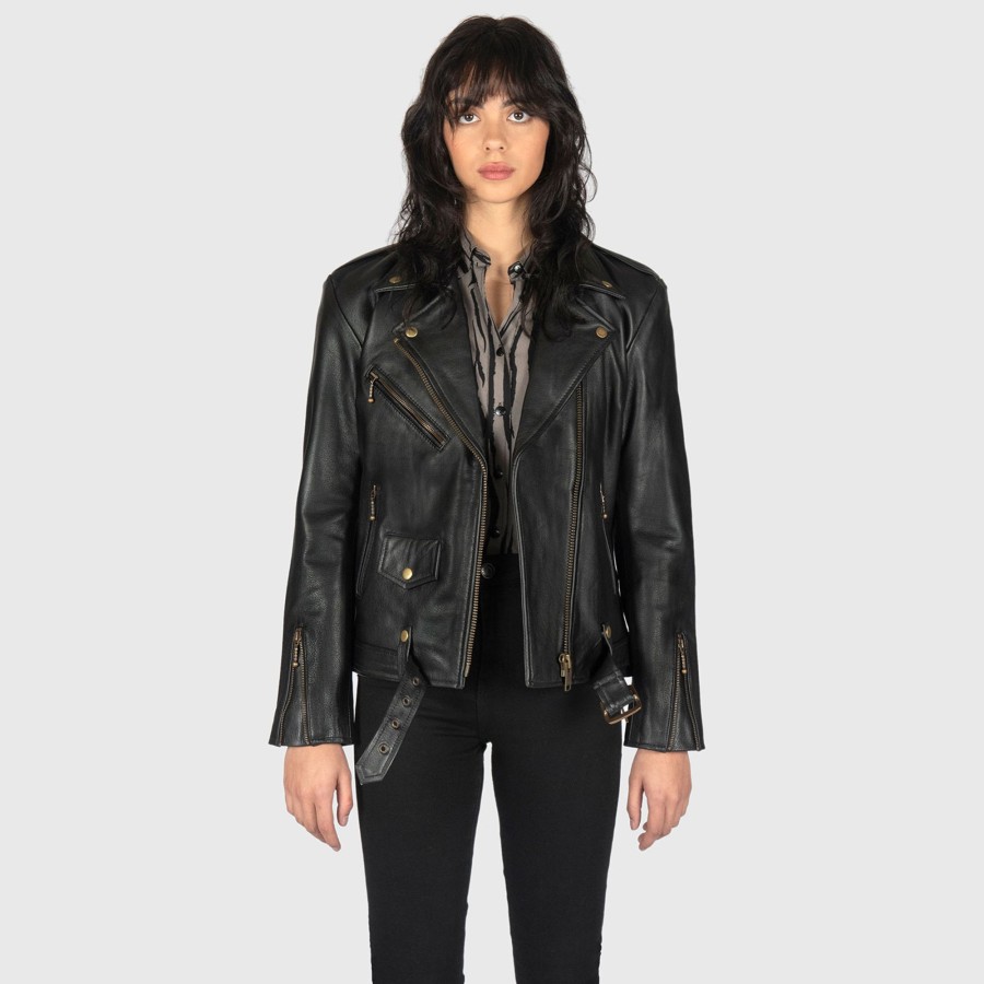 Women Straight To Hell Apparel Leather Jackets | Commando Oversized - Black And Brass Leather Jacket