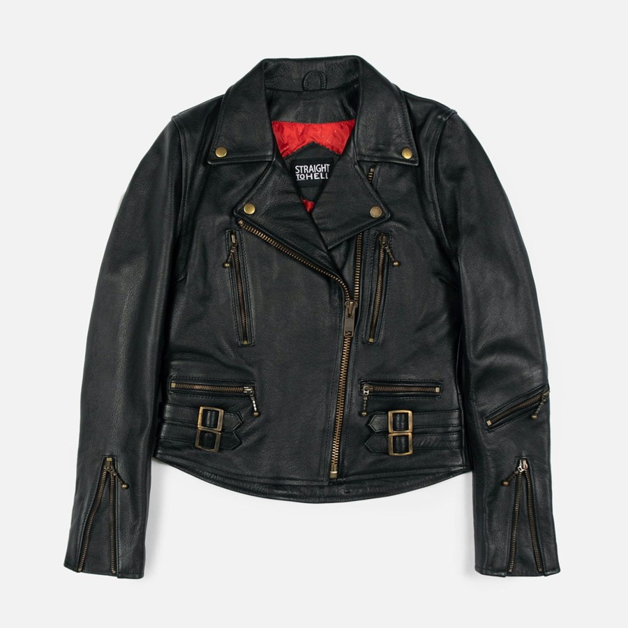 Women Straight To Hell Apparel Leather Jackets | Defector - Black And Brass Leather Jacket