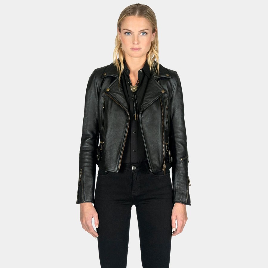 Women Straight To Hell Apparel Leather Jackets | Defector - Black And Brass Leather Jacket