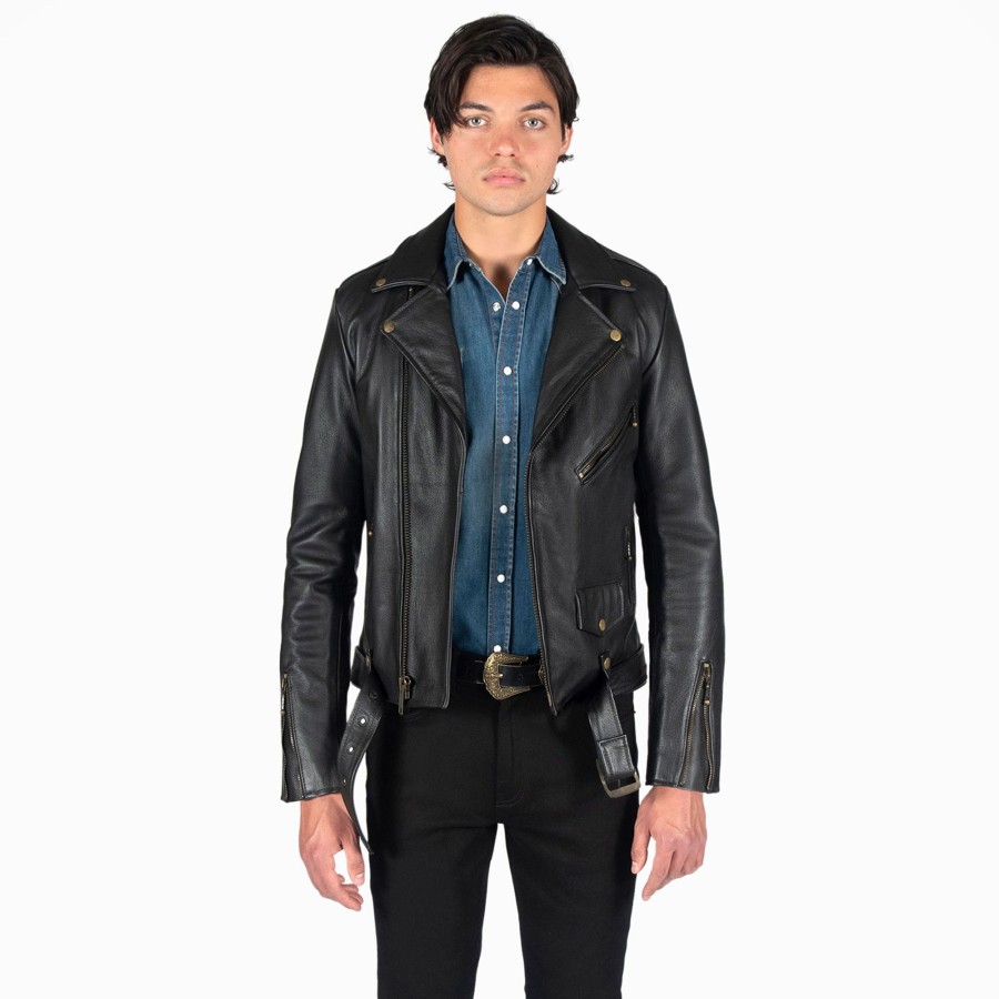 Men Straight To Hell Apparel Leather Jackets | Commando Long - For Tall Men - Black And Brass Leather Jacket (Size 38, 40, 42, 44, 46, 48, 50, 52, 54)