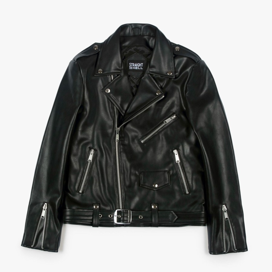 Men Straight To Hell Apparel Vegan Leather Jackets | Vegan Commando - Black And Nickel - Black Lining - Faux Leather Jacket