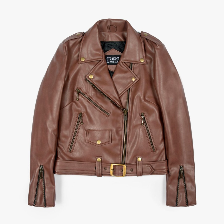 Women Straight To Hell Apparel Vegan Leather Jackets | Vegan Commando - Brown And Brass (Size Xs, S, M, L, Xl, 2Xl, 3Xl, 4Xl)