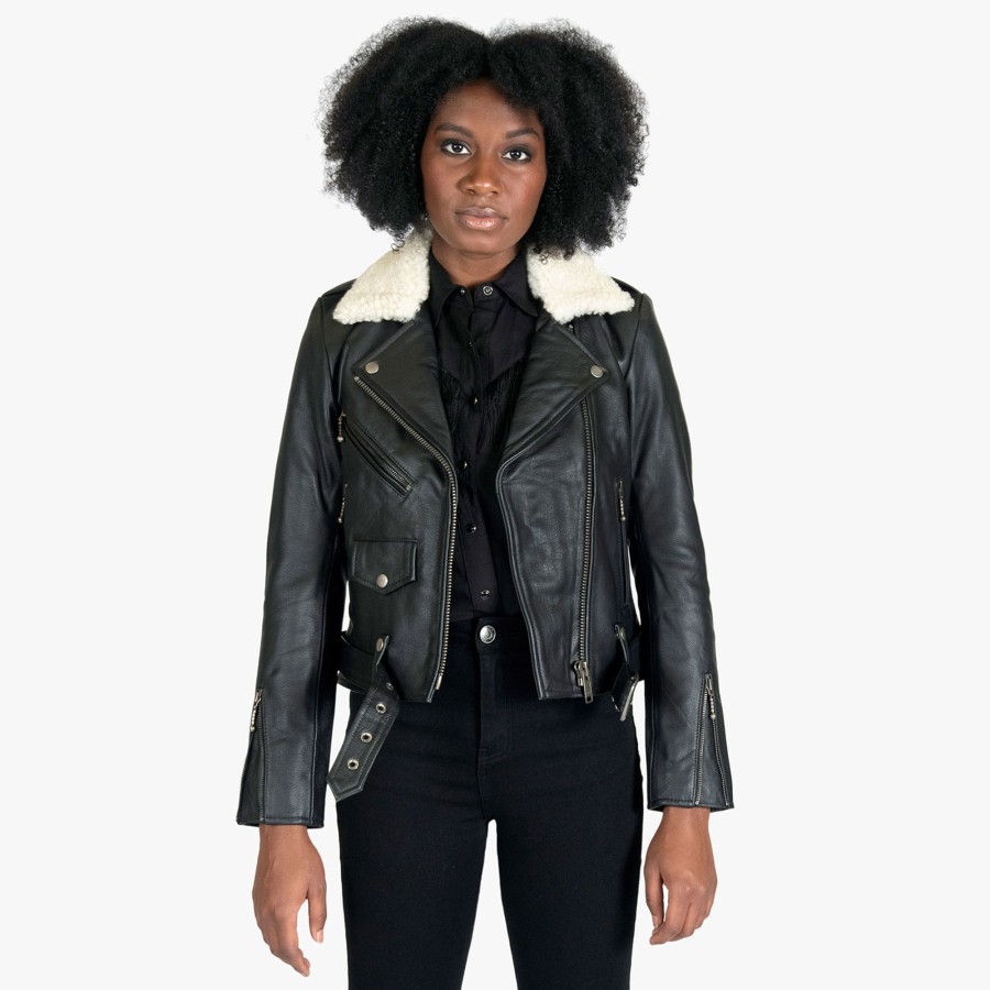 Women Straight To Hell Apparel Leather Jackets | Commando - White Shearling Collar (Size Xs)