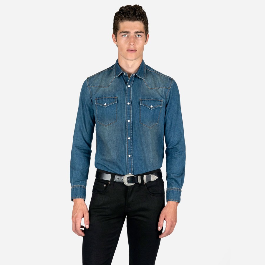 Men Straight To Hell Apparel Shirts | Open Road - Blue Denim Western Shirt (Size Xs, S, M, L, 2Xl, 3Xl)