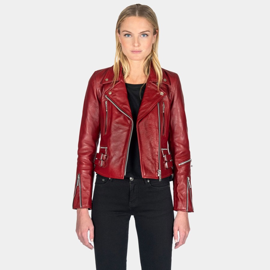 Women Straight To Hell Apparel Leather Jackets | Defector - Burgundy Leather Jacket