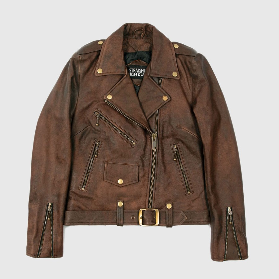 Women Straight To Hell Apparel Leather Jackets | Commando - Washed Brown Leather Jacket (Size Xs, S, M, L, Xl, 2Xl, 3Xl, 4Xl, 5Xl)