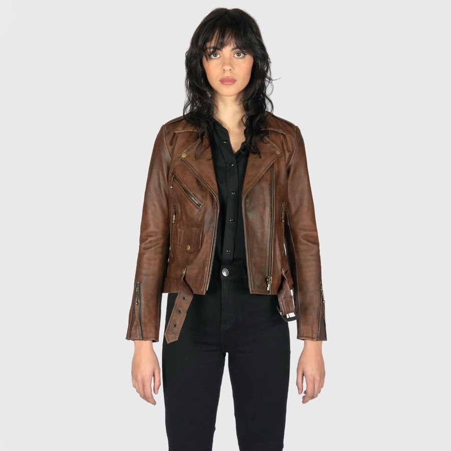 Women Straight To Hell Apparel Leather Jackets | Commando - Washed Brown Leather Jacket (Size Xs, S, M, L, Xl, 2Xl, 3Xl, 4Xl, 5Xl)