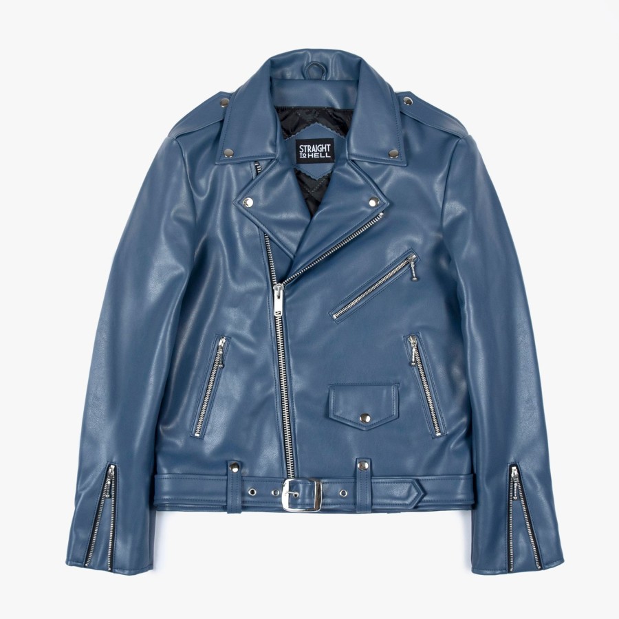 Men Straight To Hell Apparel Vegan Leather Jackets | Vegan Commando - Blue And Nickel - Faux Leather Jacket