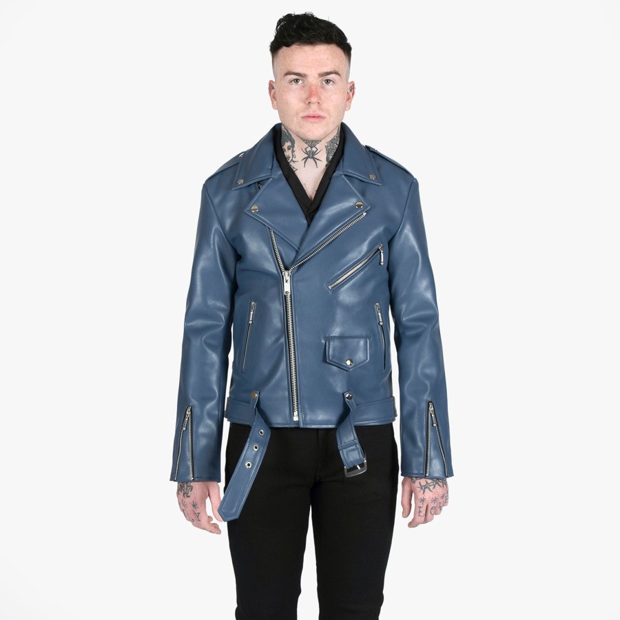 Men Straight To Hell Apparel Vegan Leather Jackets | Vegan Commando - Blue And Nickel - Faux Leather Jacket