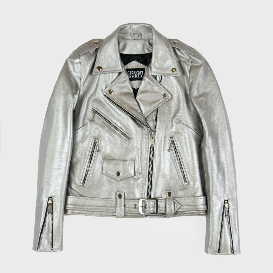 Women Straight To Hell Apparel Leather Jackets | Commando - Silver (Size S, M, 3Xl, 4Xl, 5Xl)