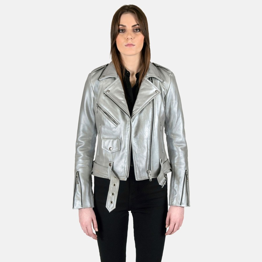 Women Straight To Hell Apparel Leather Jackets | Commando - Silver (Size S, M, 3Xl, 4Xl, 5Xl)