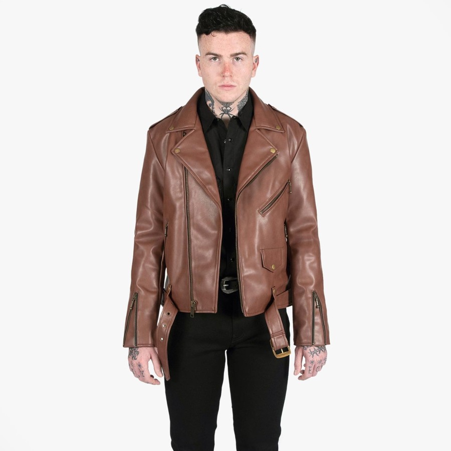 Men Straight To Hell Apparel Vegan Leather Jackets | Vegan Commando - Brown And Brass (Size 34S, 34)