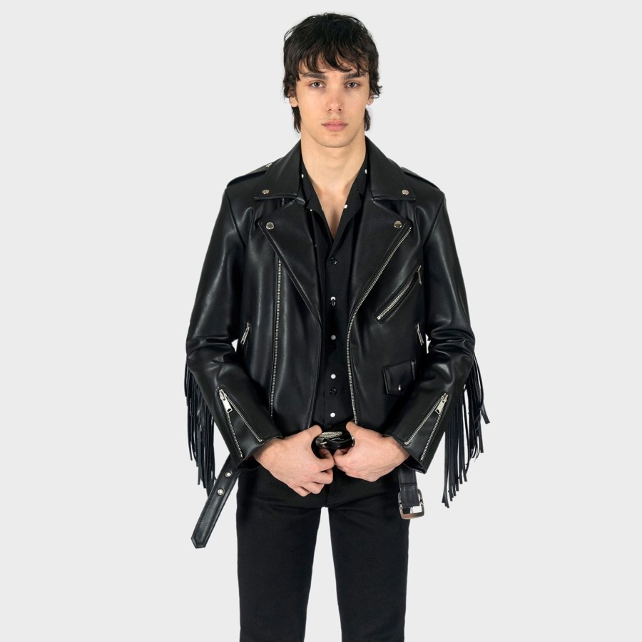 Men Straight To Hell Apparel Vegan Leather Jackets | Vegan Commando Fringe - Faux Leather Jacket With Fringe