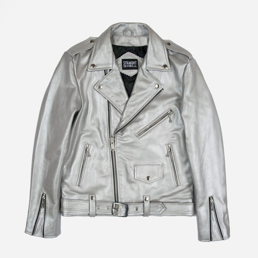 Men Straight To Hell Apparel Leather Jackets | Commando - Silver Leather Jacket (Size 34S, 34, 36S, 36, 38S, 38, 40, 42, 46, 48, 50, 52, 54)