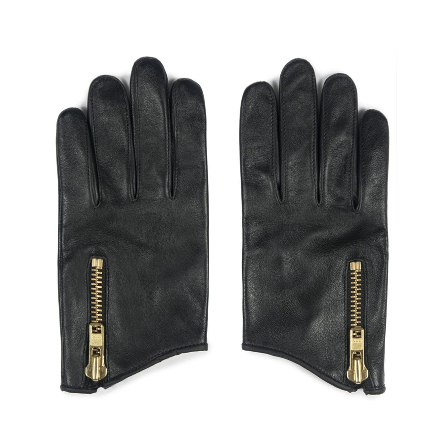 Women Straight To Hell Apparel Gloves | Throttle - Black And Gold Leather Gloves