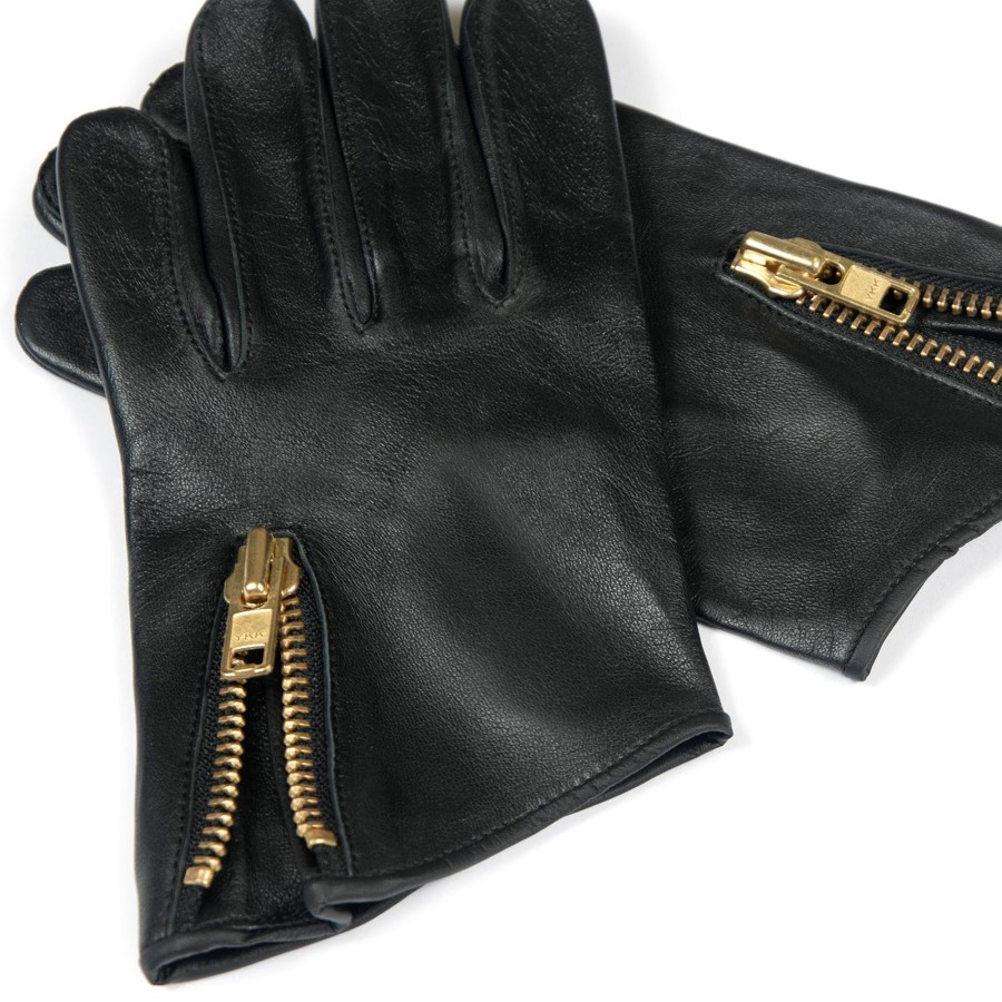 Women Straight To Hell Apparel Gloves | Throttle - Black And Gold Leather Gloves