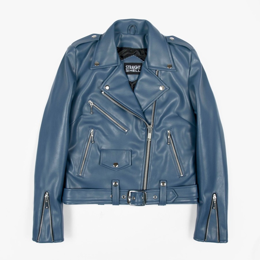 Women Straight To Hell Apparel Vegan Leather Jackets | Vegan Commando - Blue And Nickel Faux Leather Jacket