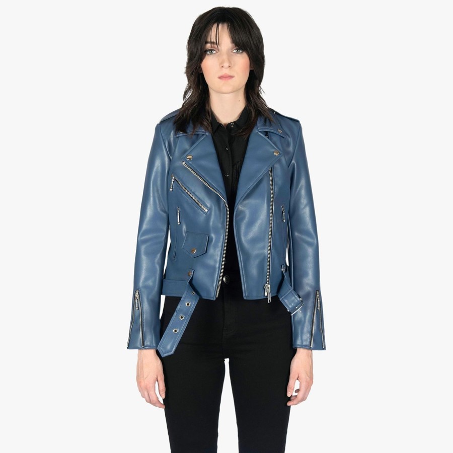 Women Straight To Hell Apparel Vegan Leather Jackets | Vegan Commando - Blue And Nickel Faux Leather Jacket