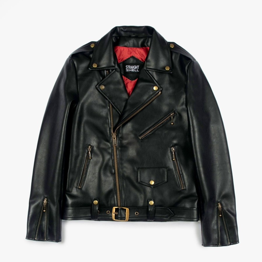 Men Straight To Hell Apparel Vegan Leather Jackets | Vegan Commando - Black And Brass Faux Leather Jacket