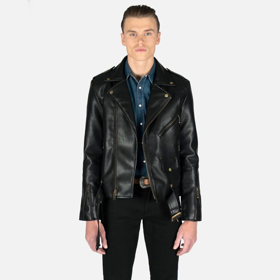 Men Straight To Hell Apparel Vegan Leather Jackets | Vegan Commando - Black And Brass Faux Leather Jacket