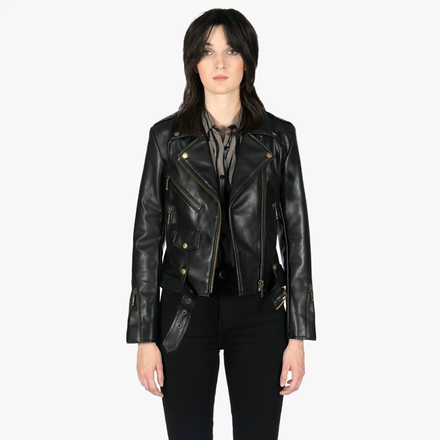 Women Straight To Hell Apparel Vegan Leather Jackets | Vegan Commando - Black And Brass Faux Leather Jacket