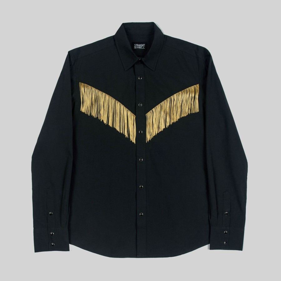 Men Straight To Hell Apparel Shirts | Around Town - Black And Gold Fringe Western Shirt