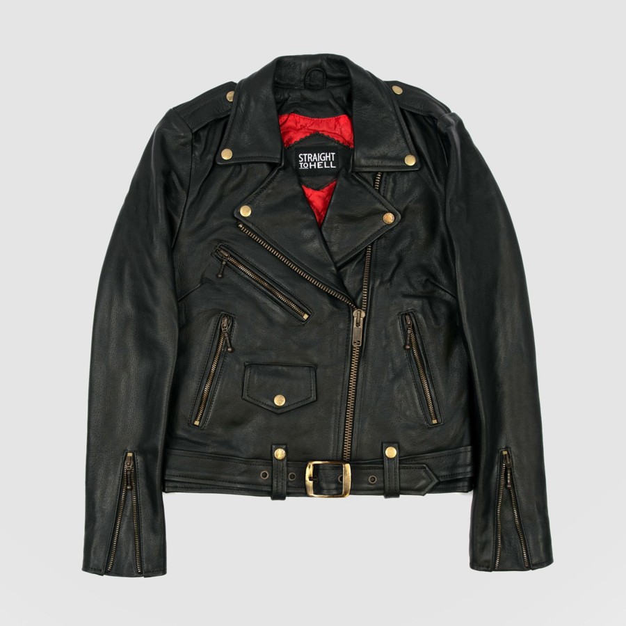 Women Straight To Hell Apparel Leather Jackets | Commando - Black And Brass Leather Jacket