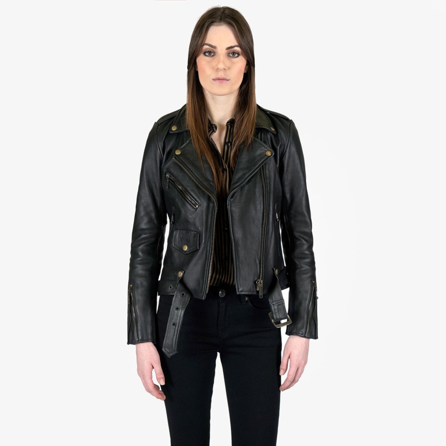 Women Straight To Hell Apparel Leather Jackets | Commando - Black And Brass Leather Jacket