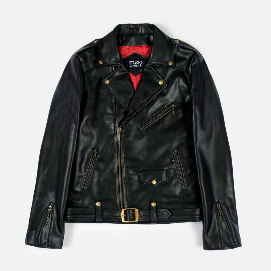 Men Straight To Hell Apparel Vegan Leather Jackets | Vegan Commando Long - For Tall Men - Black And Brass Faux Leather Jacket