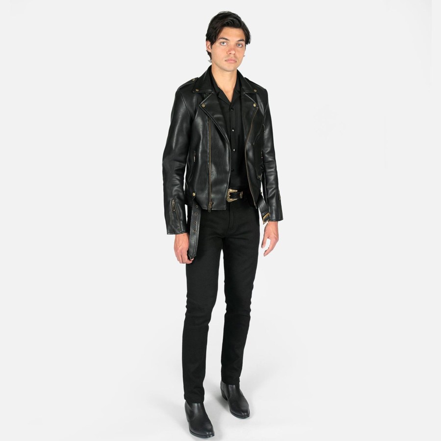 Men Straight To Hell Apparel Vegan Leather Jackets | Vegan Commando Long - For Tall Men - Black And Brass Faux Leather Jacket