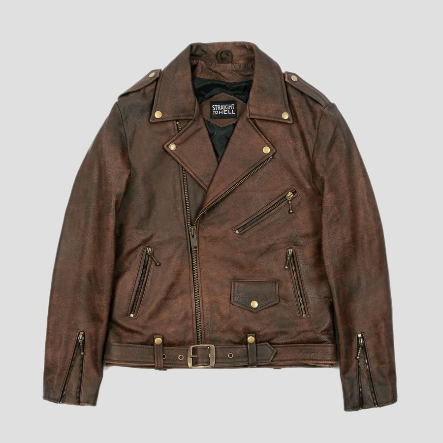 Men Straight To Hell Apparel Leather Jackets | Commando - Washed Brown Leather Jacket