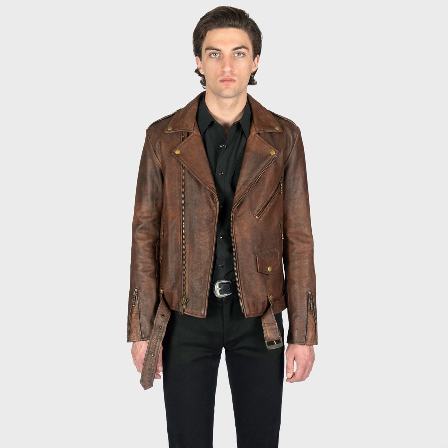 Men Straight To Hell Apparel Leather Jackets | Commando - Washed Brown Leather Jacket