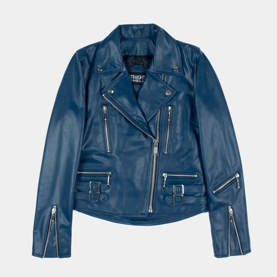 Women Straight To Hell Apparel Leather Jackets | Defector - Blue Leather Jacket