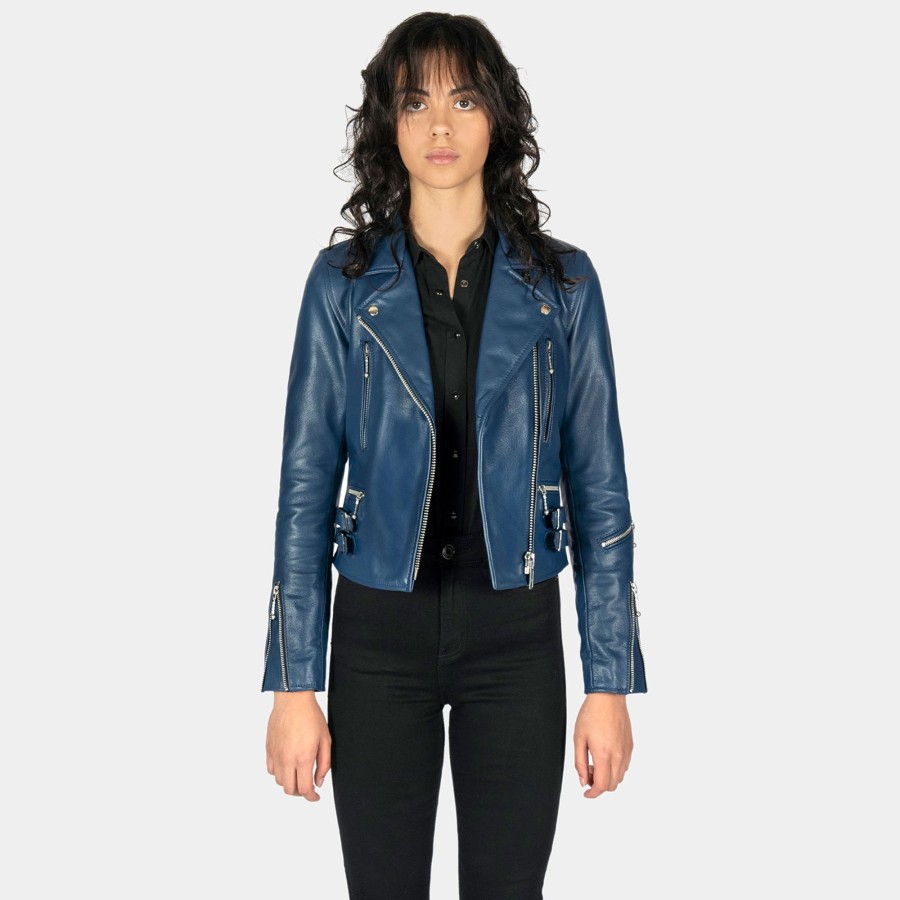 Women Straight To Hell Apparel Leather Jackets | Defector - Blue Leather Jacket