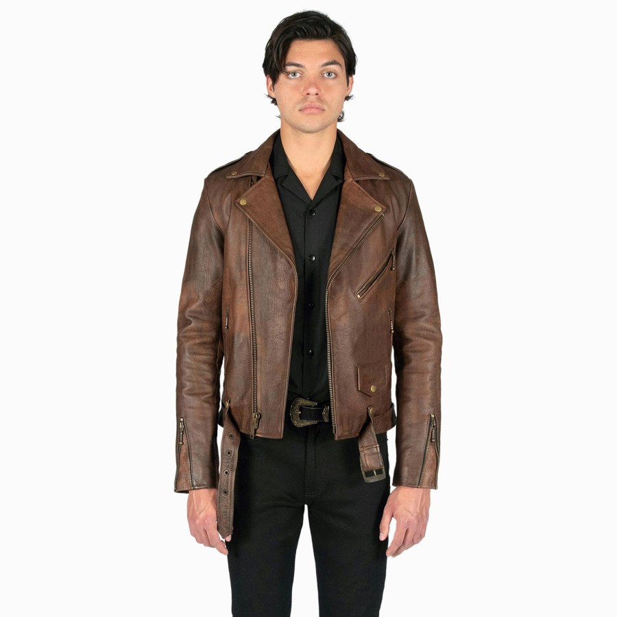 Men Straight To Hell Apparel Leather Jackets | Commando Long - For Tall Men - Washed Brown Leather Jacket (Size 38, 40, 42, 44, 46, 48, 50, 52, 54)