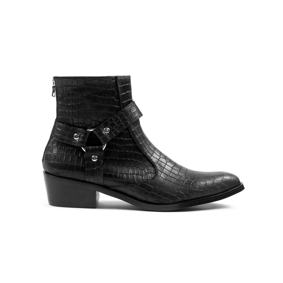 Men Straight To Hell Apparel Vegan | Vegan Libertine - Black Snakeskin Faux Leather Harness Boots (Size 7, 7.5, 8, 9, 10, 10.5)