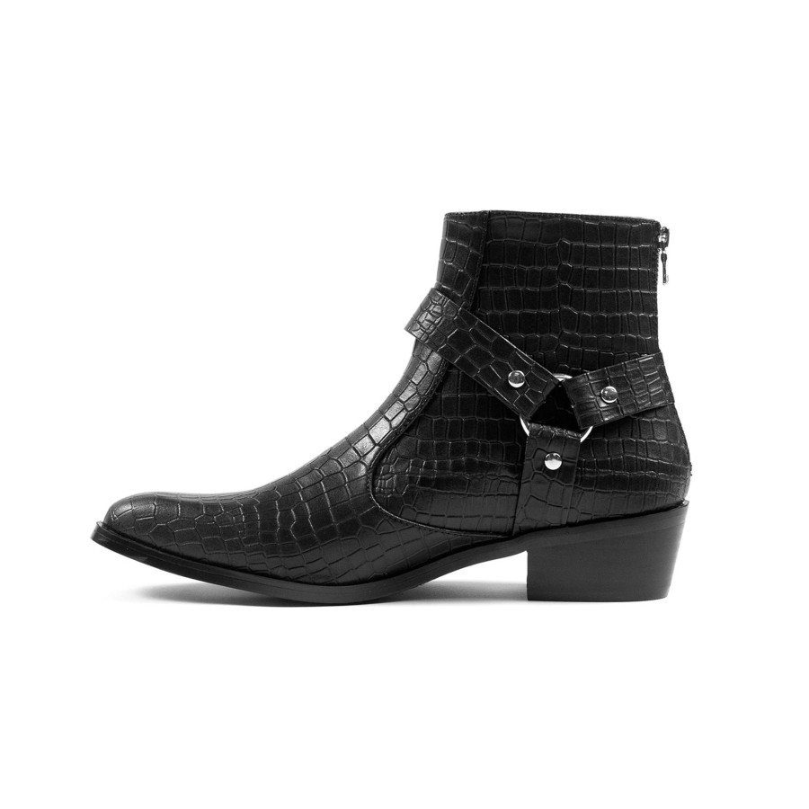 Men Straight To Hell Apparel Vegan | Vegan Libertine - Black Snakeskin Faux Leather Harness Boots (Size 7, 7.5, 8, 9, 10, 10.5)