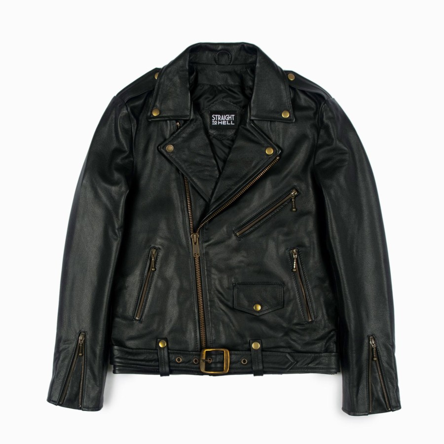 Men Straight To Hell Apparel Leather Jackets | Commando Lightweight - Black And Brass Leather Jacket