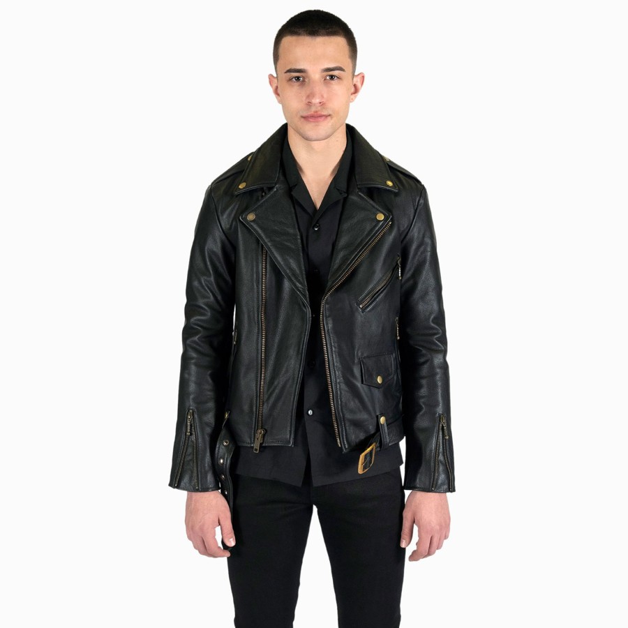 Men Straight To Hell Apparel Leather Jackets | Commando Lightweight - Black And Brass Leather Jacket