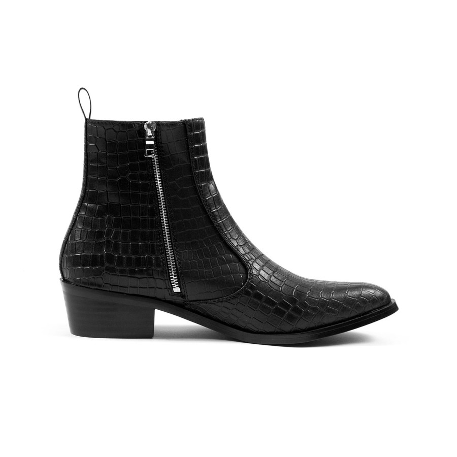 Men Straight To Hell Apparel Vegan | Vegan Richards - Black Snakeskin Faux Leather Zip Boots