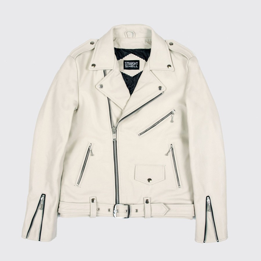 Men Straight To Hell Apparel Leather Jackets | Commando - White Leather Jacket (Size 34S, 34, 36S, 36, 38S, 38, 40, 42, 44, 46, 48, 50, 52, 54)