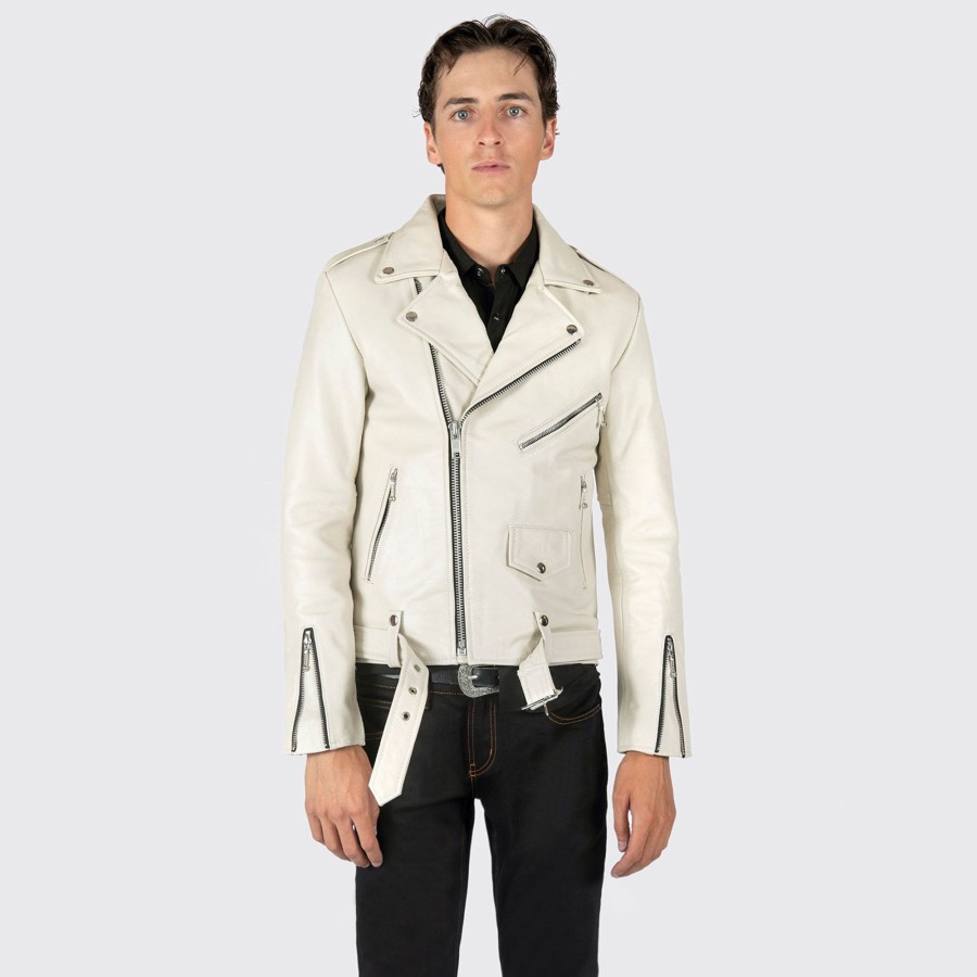 Men Straight To Hell Apparel Leather Jackets | Commando - White Leather Jacket (Size 34S, 34, 36S, 36, 38S, 38, 40, 42, 44, 46, 48, 50, 52, 54)