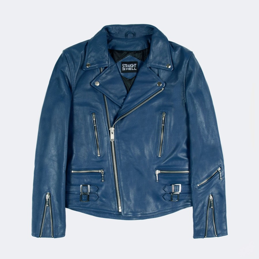 Men Straight To Hell Apparel Leather Jackets | Defector - Blue Leather Jacket