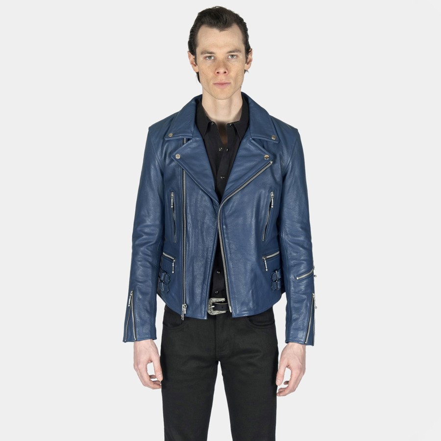 Men Straight To Hell Apparel Leather Jackets | Defector - Blue Leather Jacket