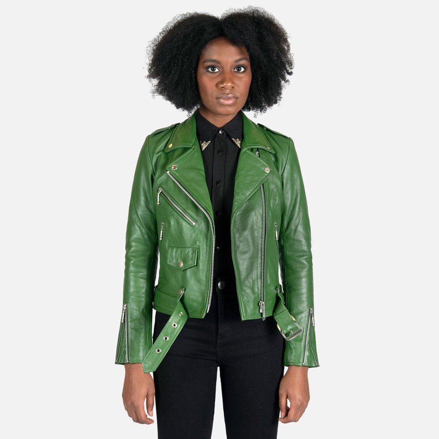 Women Straight To Hell Apparel Leather Jackets | Commando - Cactus Green Leather Jacket