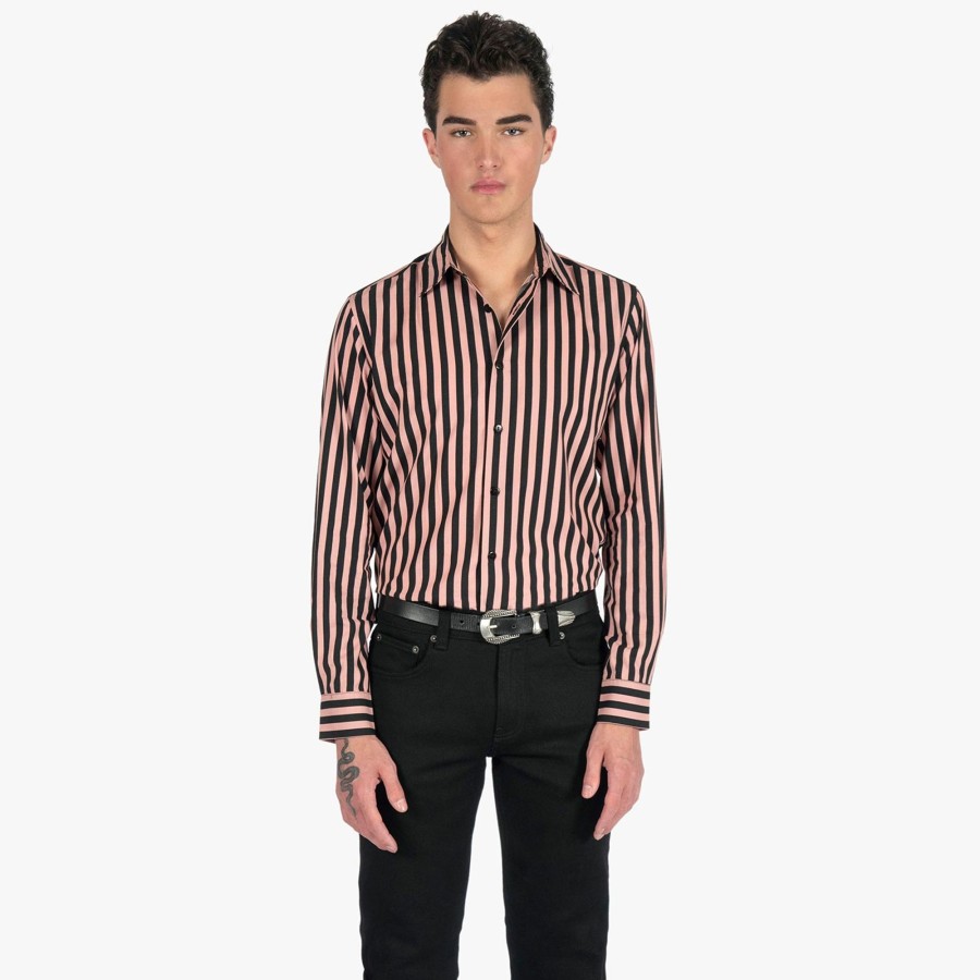 Men Straight To Hell Apparel Shirts | Dragging The Line - Pink And Black Striped Shirt